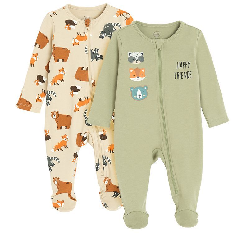 Green and ecru overalls with forest animals print and size zipper- 2 pack