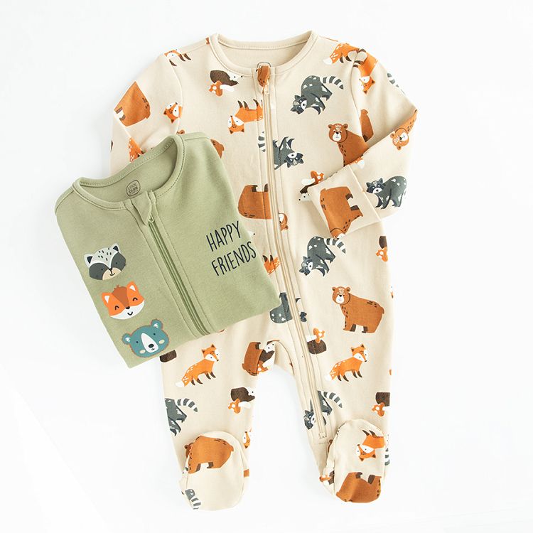 Green and ecru overalls with forest animals print and size zipper- 2 pack