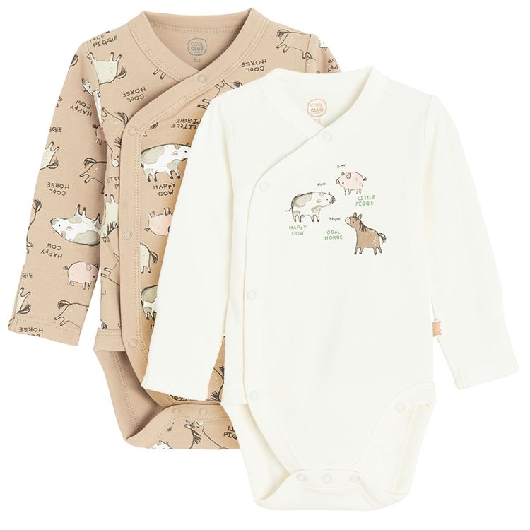 Ecru and brown long sleeve wrap bodysuits with farm animals- 2 pack