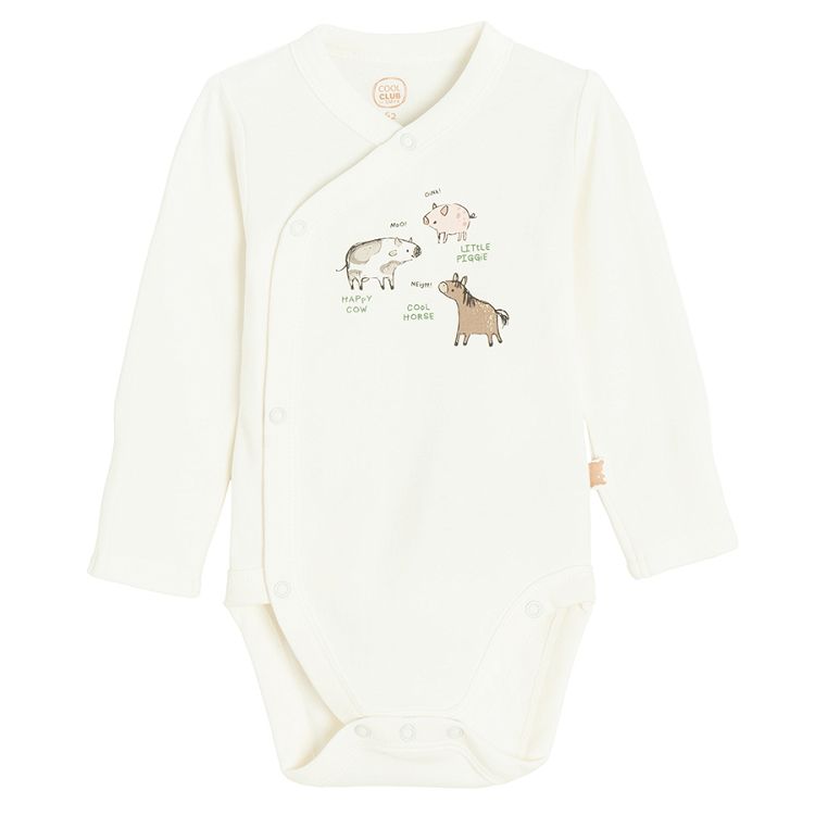 Ecru and brown long sleeve wrap bodysuits with farm animals- 2 pack