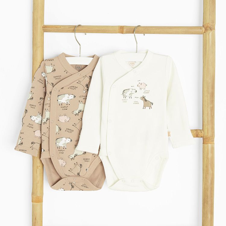 Ecru and brown long sleeve wrap bodysuits with farm animals- 2 pack