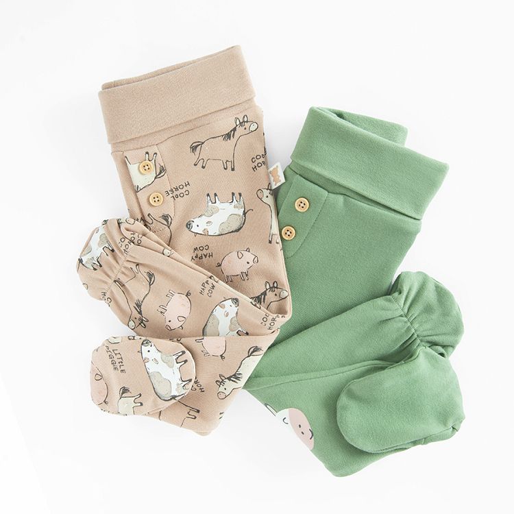 Greek and light brown footed leggings with farm animals print- 2 pack