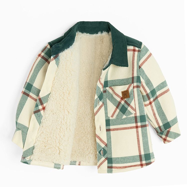 Ecru and green checked long sleeve shirt