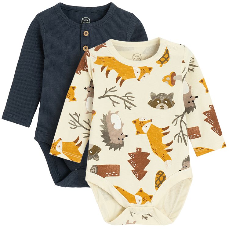 Blue and ecru with forest animals print long sleeve bodysuits - 2 pack