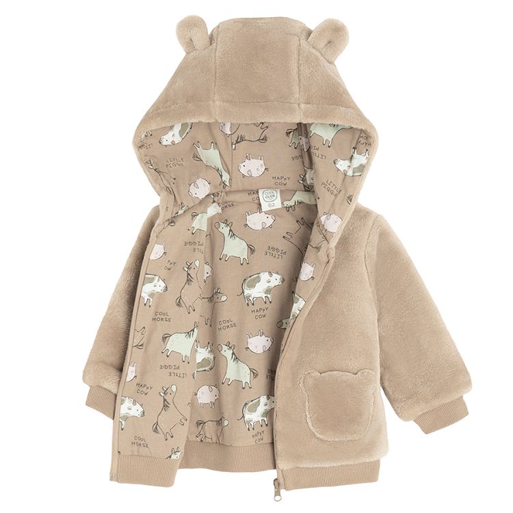 Ecru zip through jacket with bear ears on the hood