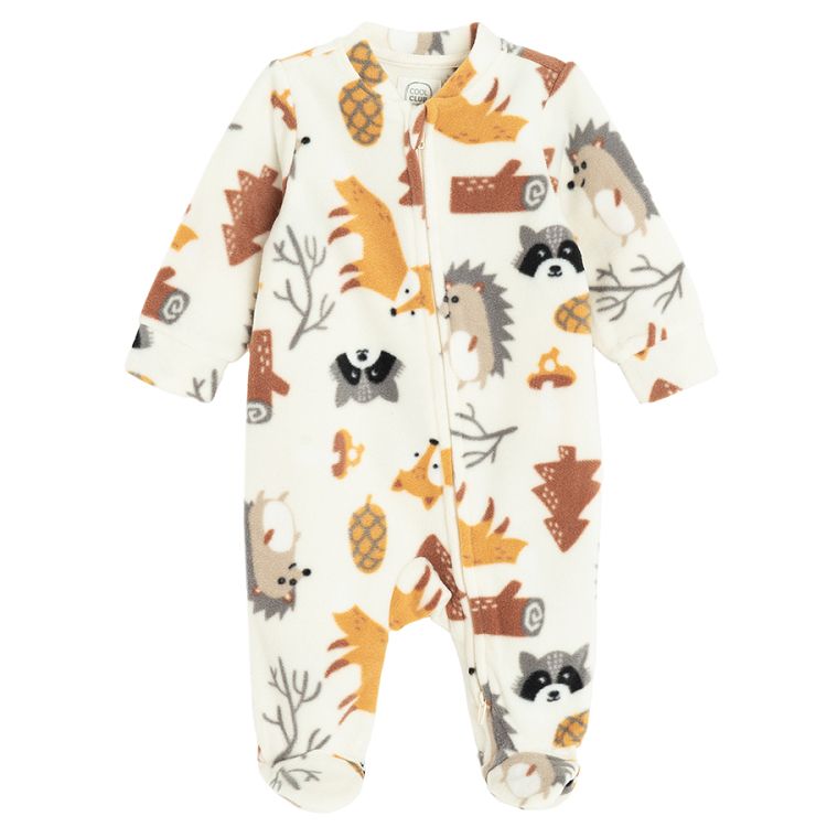 Ecru overall with side zipper and forest animals print