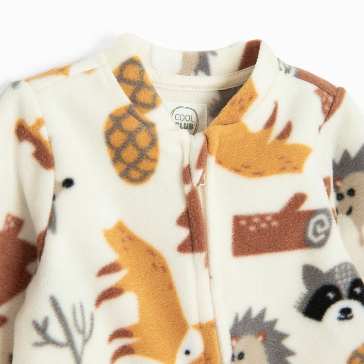 Ecru overall with side zipper and forest animals print