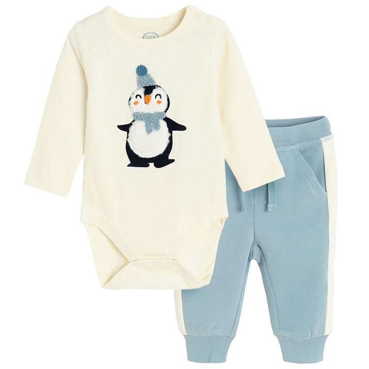 Ecru long sleeve bodysuit with festive penguin and blue jogging pants set- 2 pieces