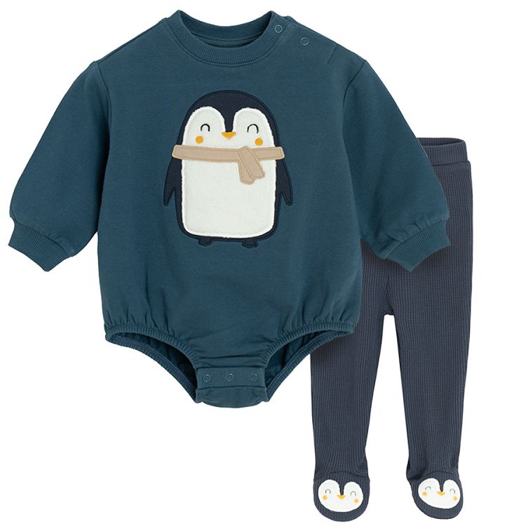 Blue long sleeve bodysuit with penguin print and brown footed leggings set