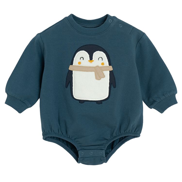 Blue long sleeve bodysuit with penguin print and brown footed leggings set