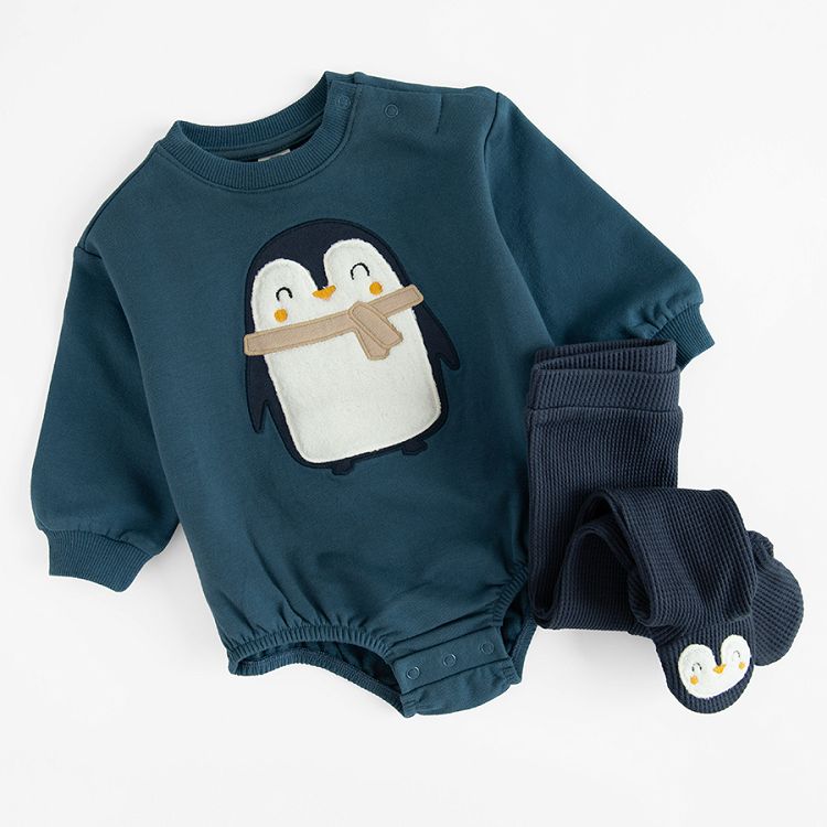 Blue long sleeve bodysuit with penguin print and brown footed leggings set