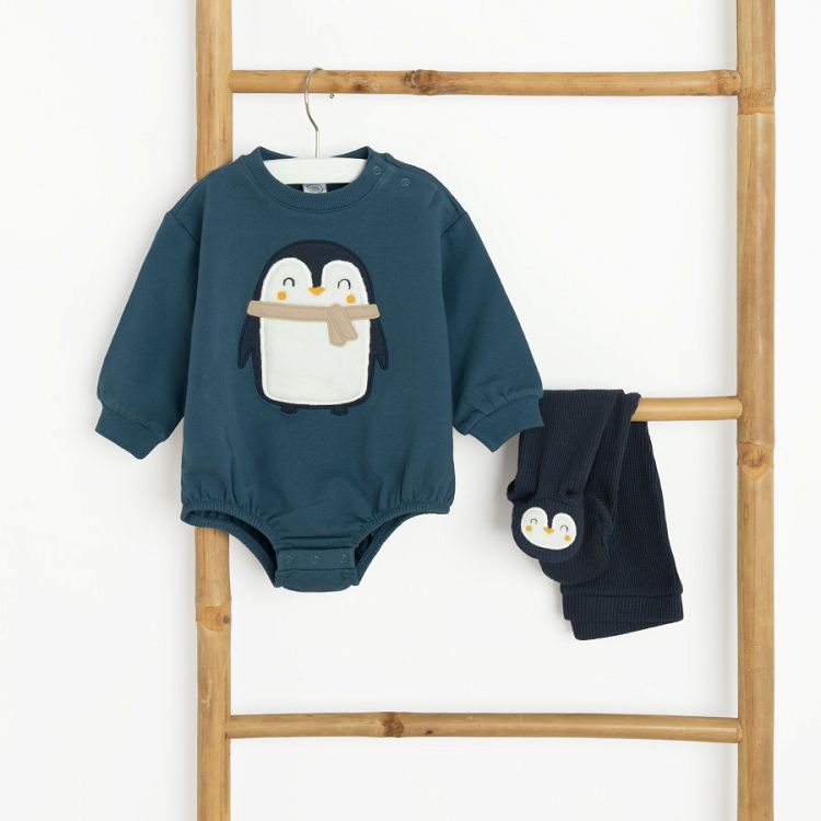 Blue long sleeve bodysuit with penguin print and brown footed leggings set