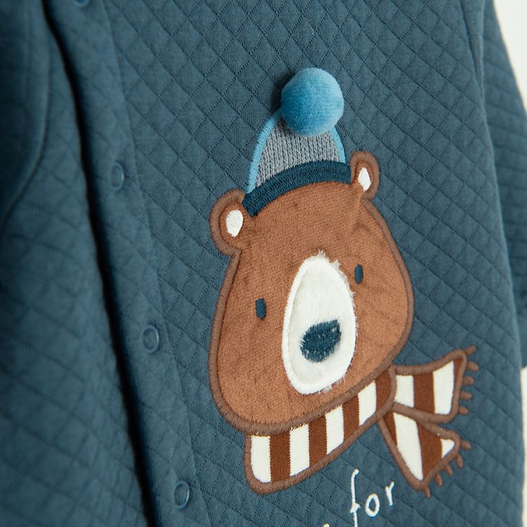 Blue quilted overall footed outfir with festive bear amd side buttons