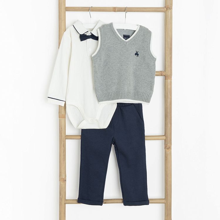 White long sleeve bodysuit with bow, grey vest and blue trousers set- 3 pieces