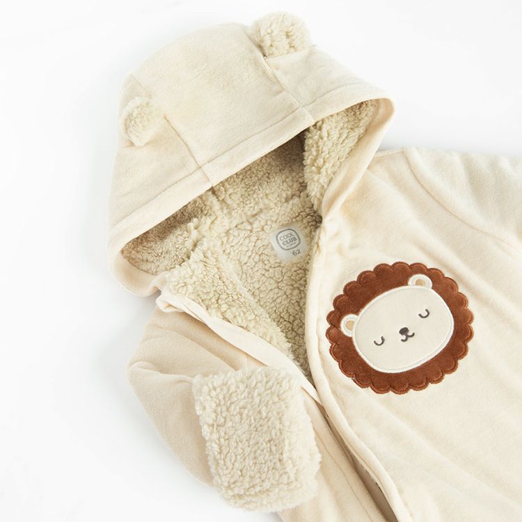 Ecru footless hooded overall outfit with lion print