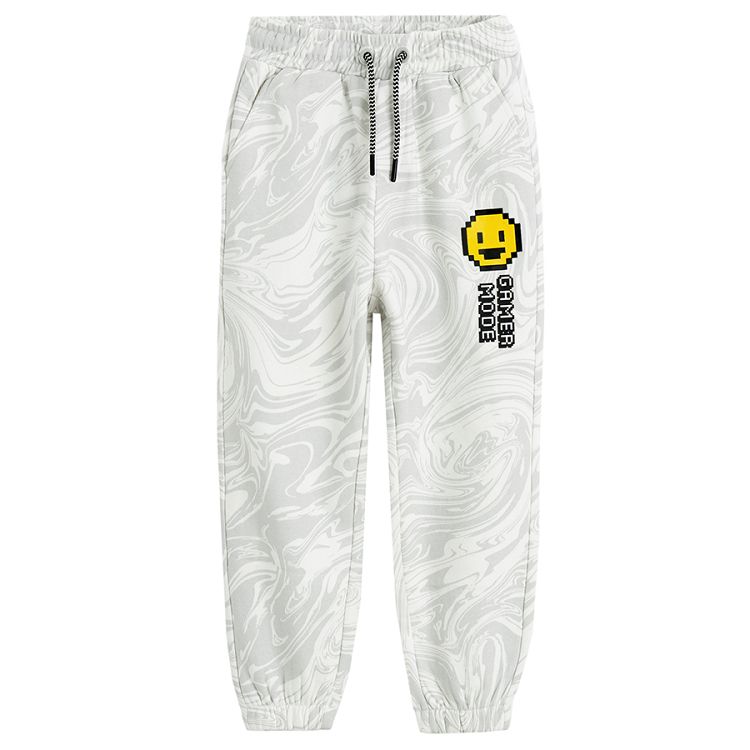 Grey tie dye jogging pants with smiley and GAMER MODE print