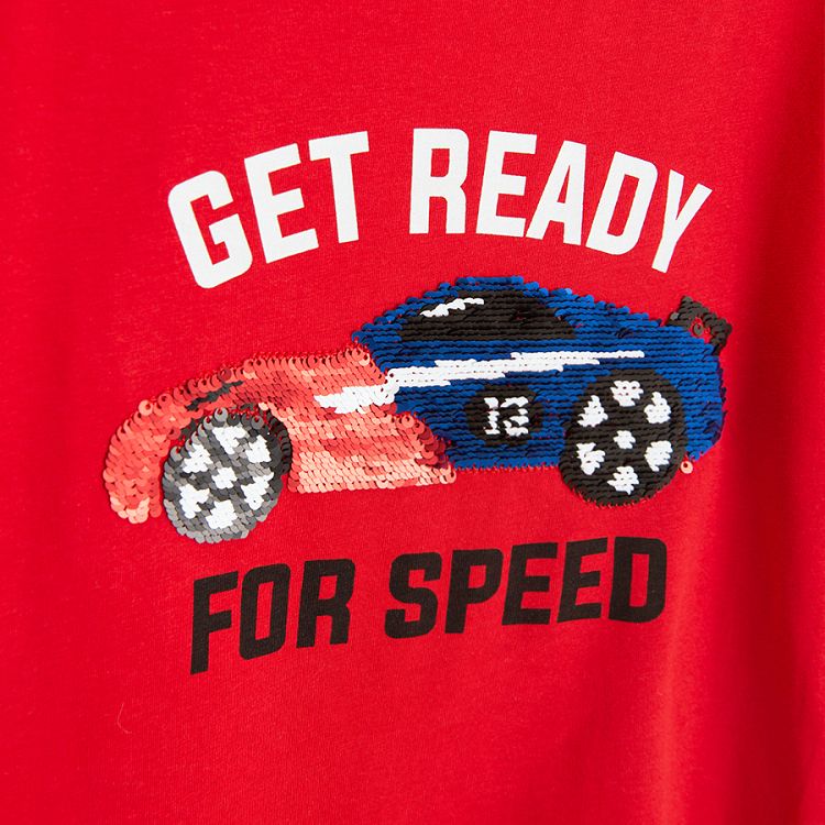 Red T-shirt with sports car and GET READY FOR SPEED print