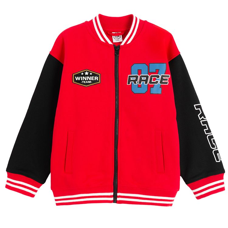 Red zip through sweatshirt with black sleeves and Race print