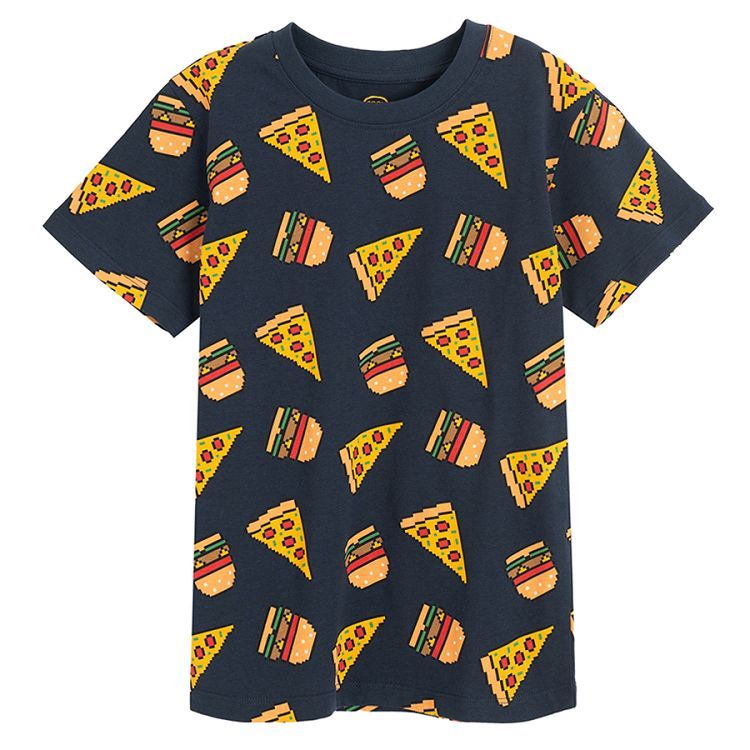 Blue T-shirt with pizza and burgers print