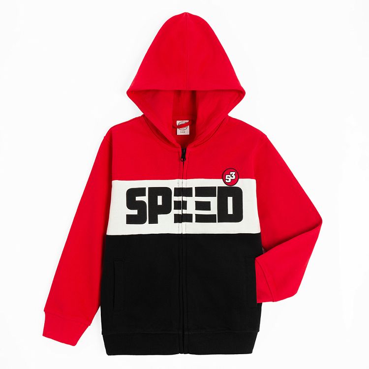 Black, white and red hooded sweatshirt with SPEED print