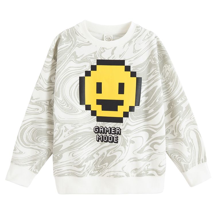 Grey tie dye sweatshirt with smile emoji and GAMER MODE print