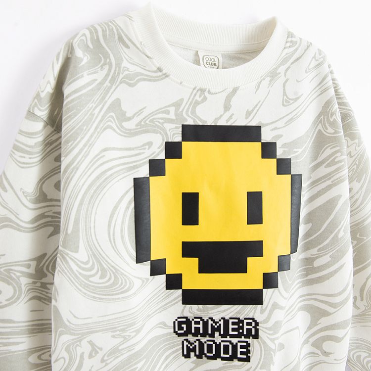 Grey tie dye sweatshirt with smile emoji and GAMER MODE print