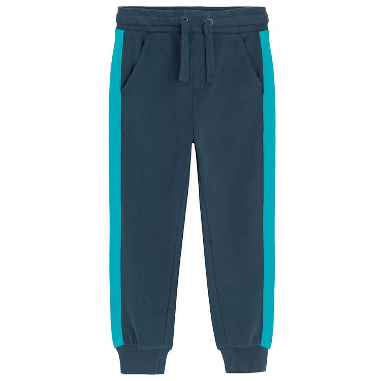 Blue jogging pants with light blue stip on the side