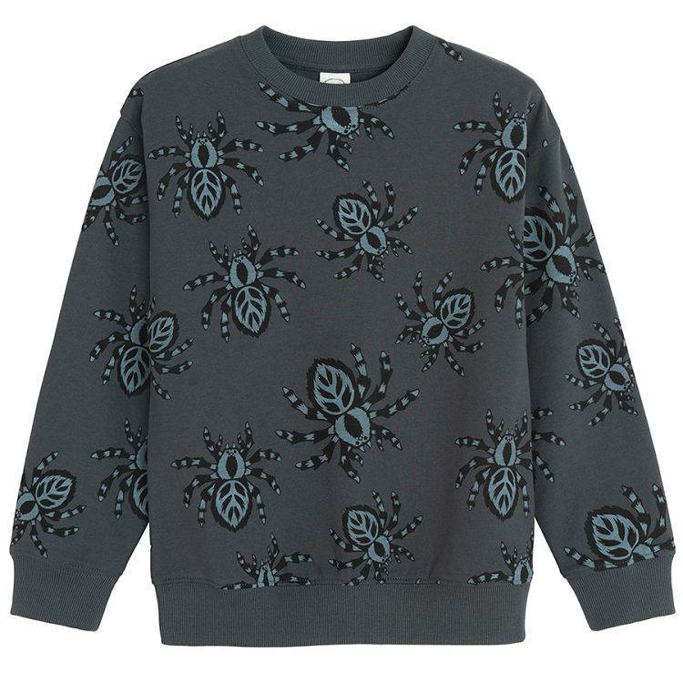 Blue grey sweatshirt with spiders print