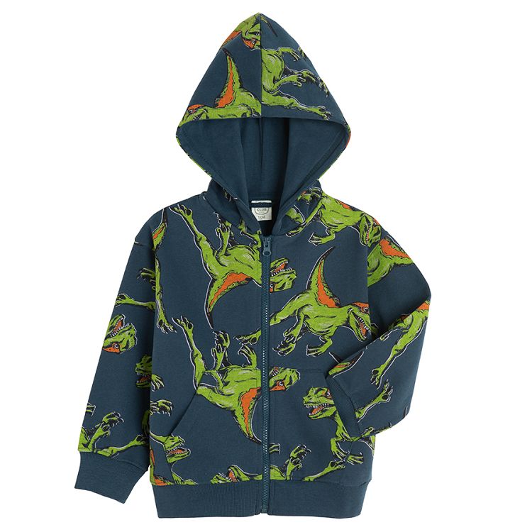 Blue zip through hooded sweatshirt with dinosaurs print