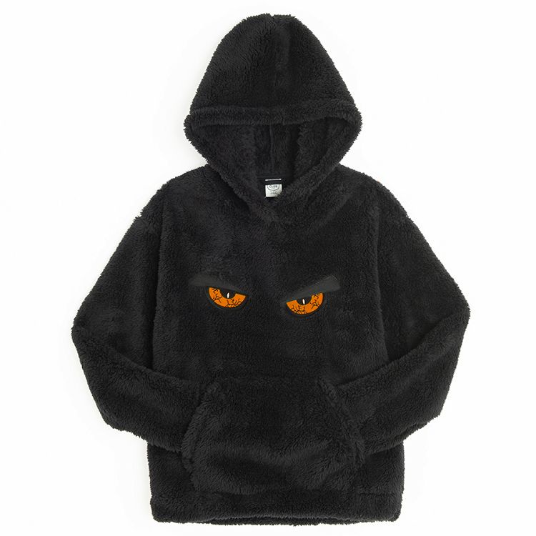 Dark grey hooded sweatshirt with angry eyes print