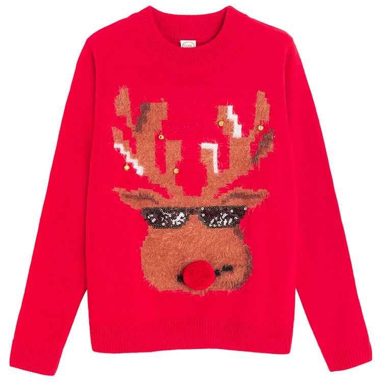 Red sweatshirt with raindeer in sunglasses print