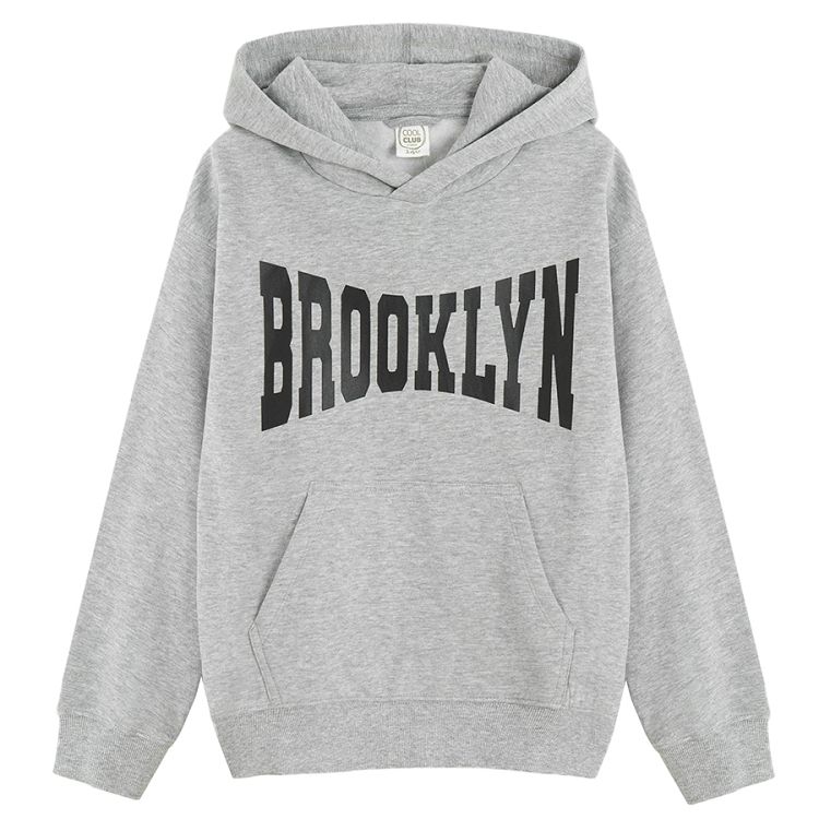 סווטשירט קפוצ'ון אפור עם הדפס BROOKLYN