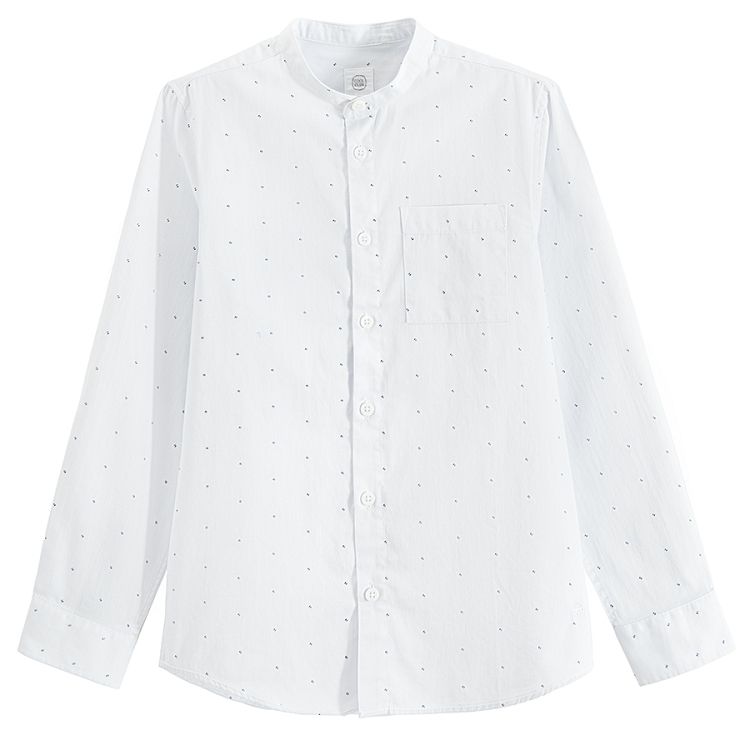 White long sleeve button down shirt with pattern and mao collar