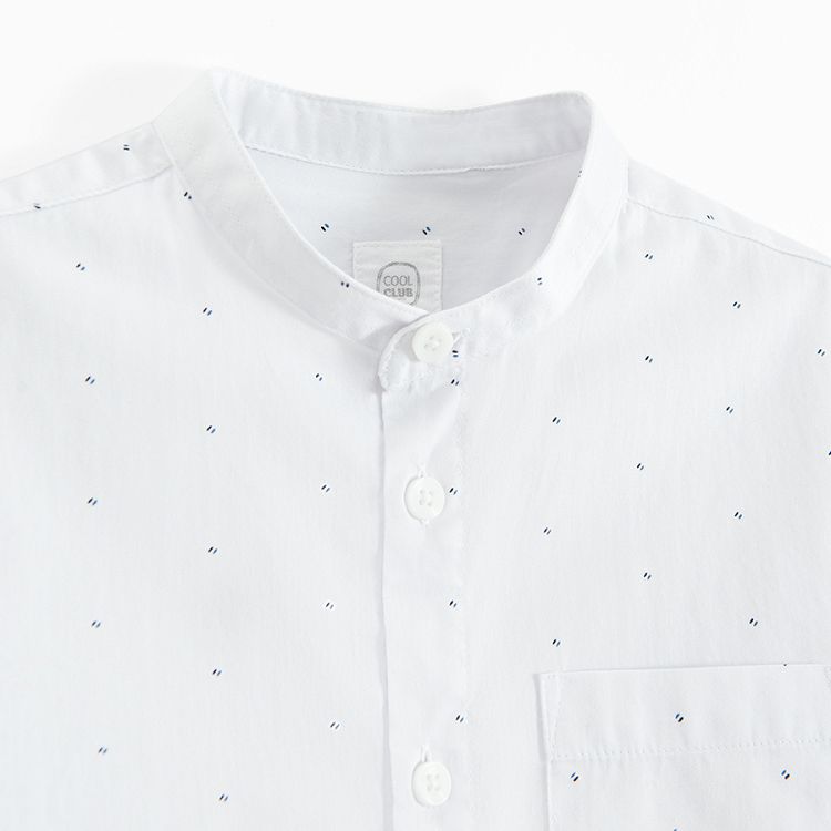 White long sleeve button down shirt with pattern and mao collar