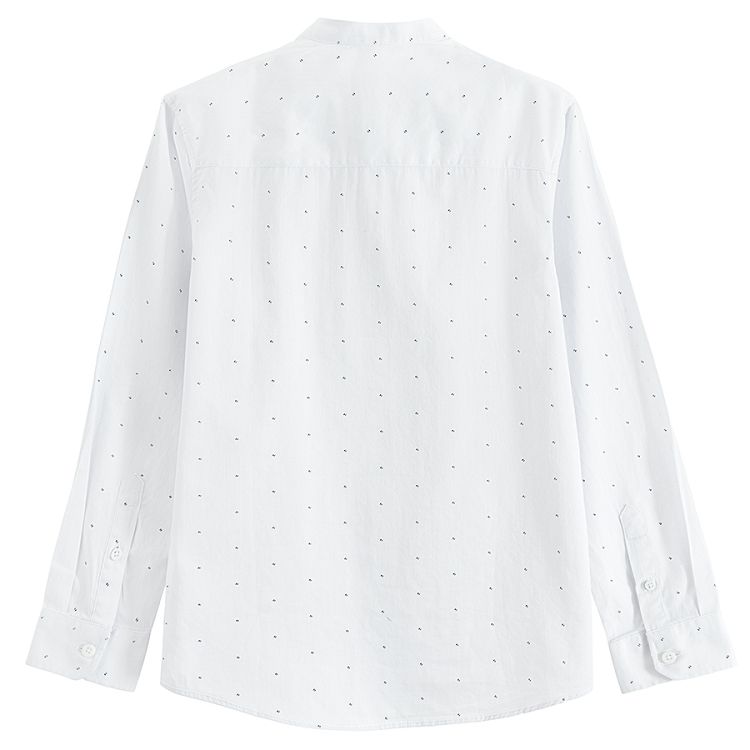 White long sleeve button down shirt with pattern and mao collar