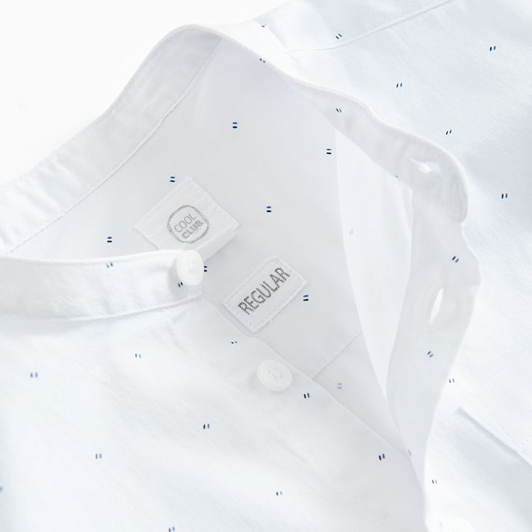 White long sleeve button down shirt with pattern and mao collar