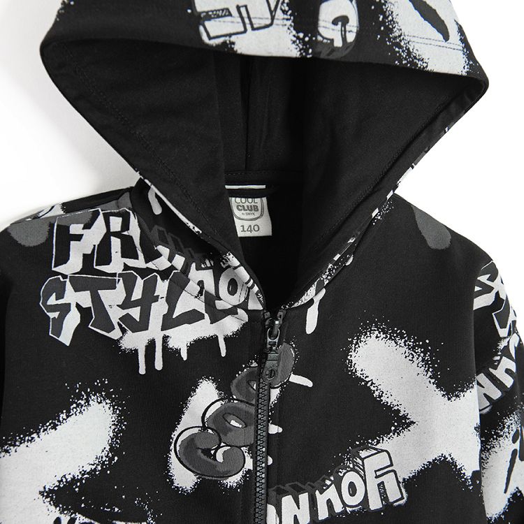 Black zip through sweatshirt with graffiti print