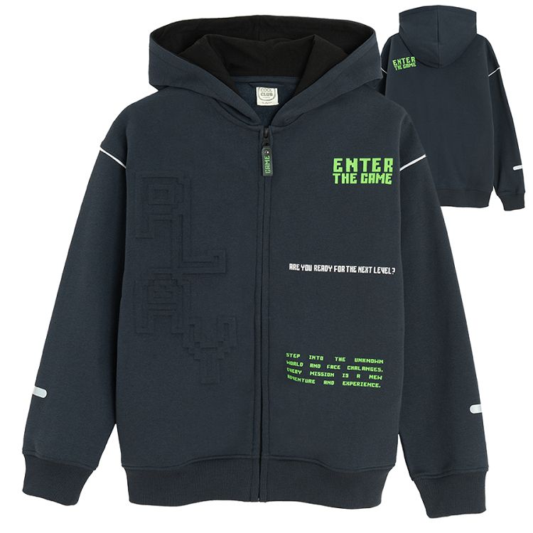 Blue zip through hooded sweatshirt with gaming print