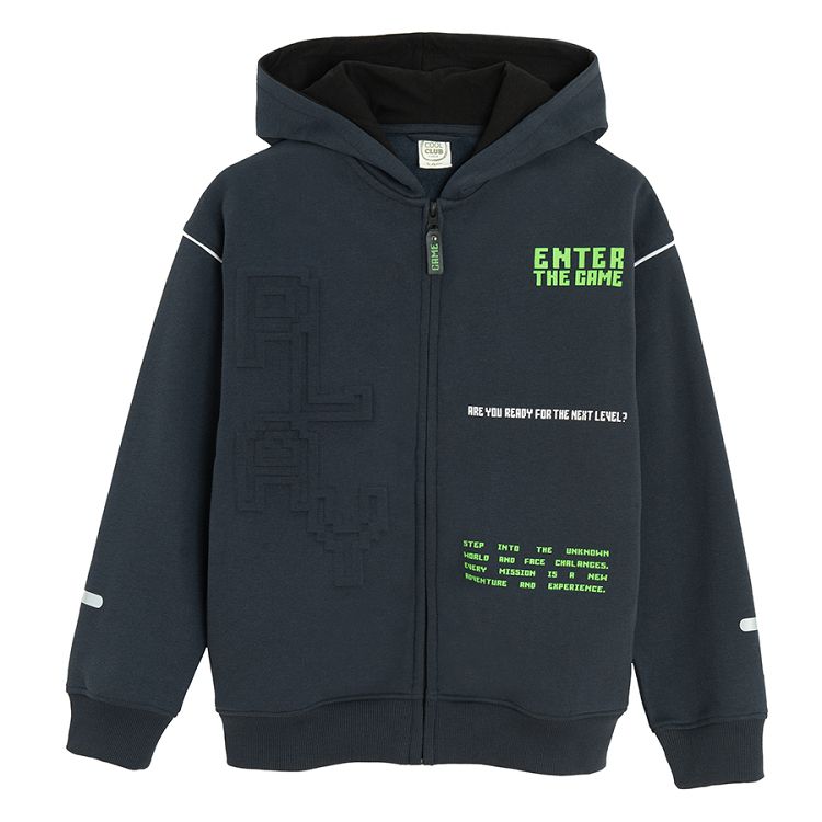 Blue zip through hooded sweatshirt with gaming print