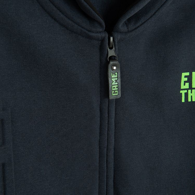 Blue zip through hooded sweatshirt with gaming print