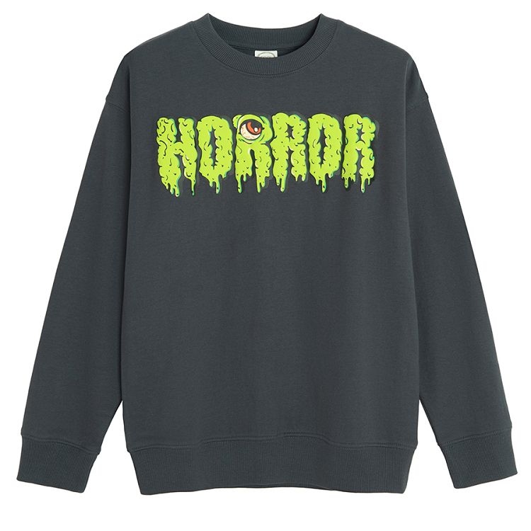 Blue grey sweatshirt with Halloween HORROR print