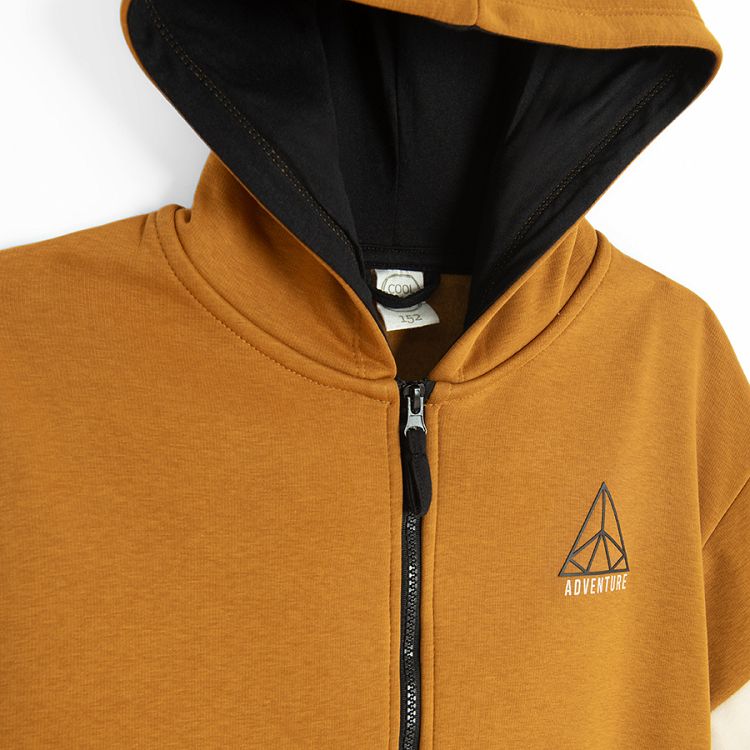 Brown, white, blue hooded zip through sweatshirt