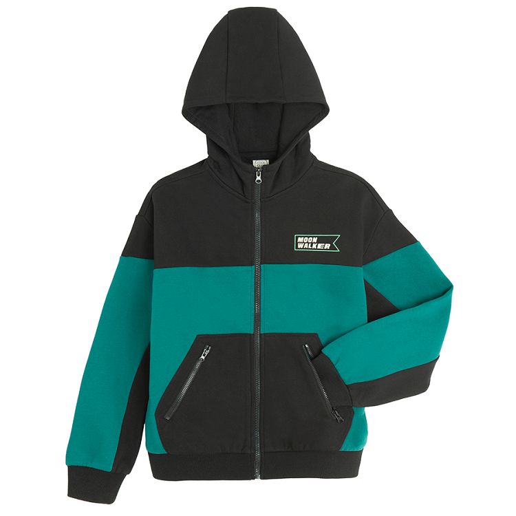 Green and black zip through hooded sweatshirt