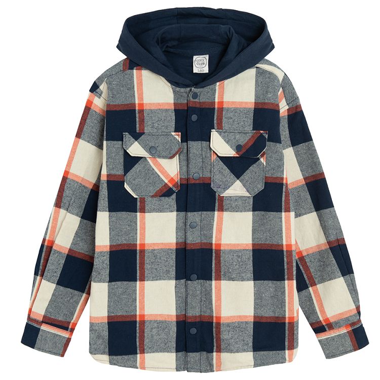 Blue checked hooded shirt