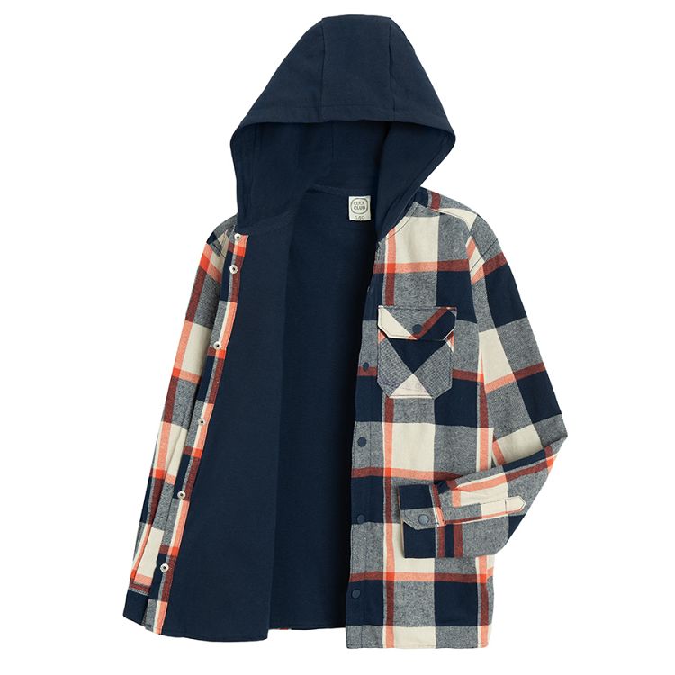 Blue checked hooded shirt