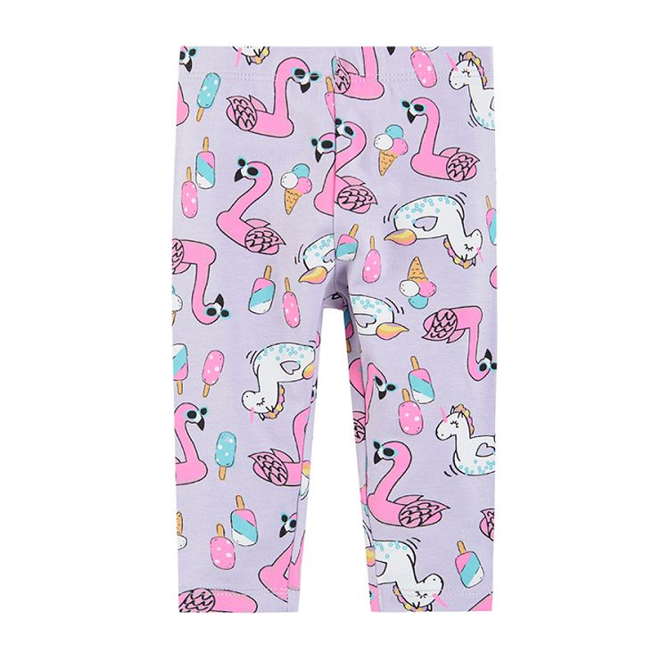 Violet leggings with flamingos and unicorns