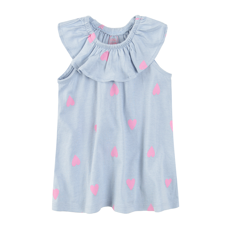Blue dress with ruffle and pink hearts print