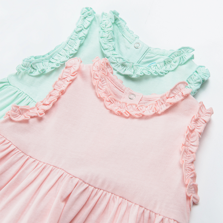 Pink and light green dresses with ruffles on sleeve and the neckline 2-pack