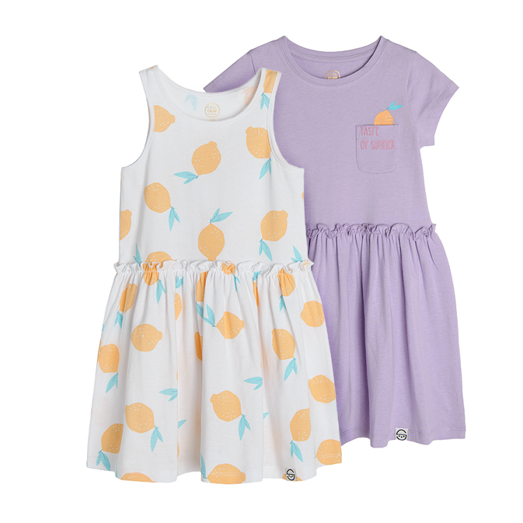 Sleeveless dress and violet short sleeve dress with lemon print   2-pack