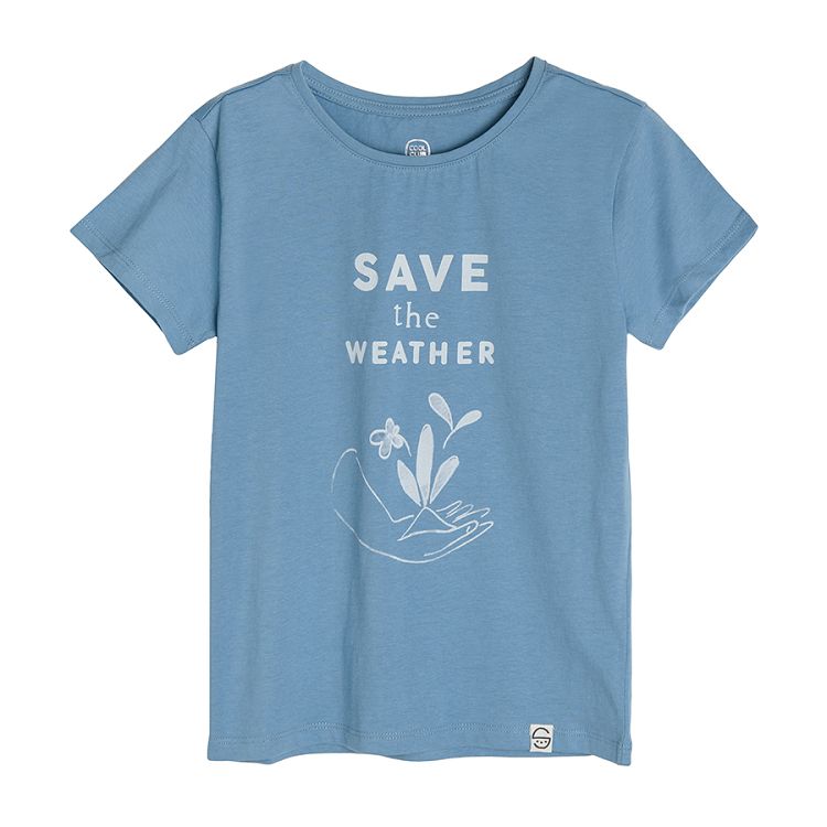 Light blue short sleeve blouse with SAVE THE WEATHER print